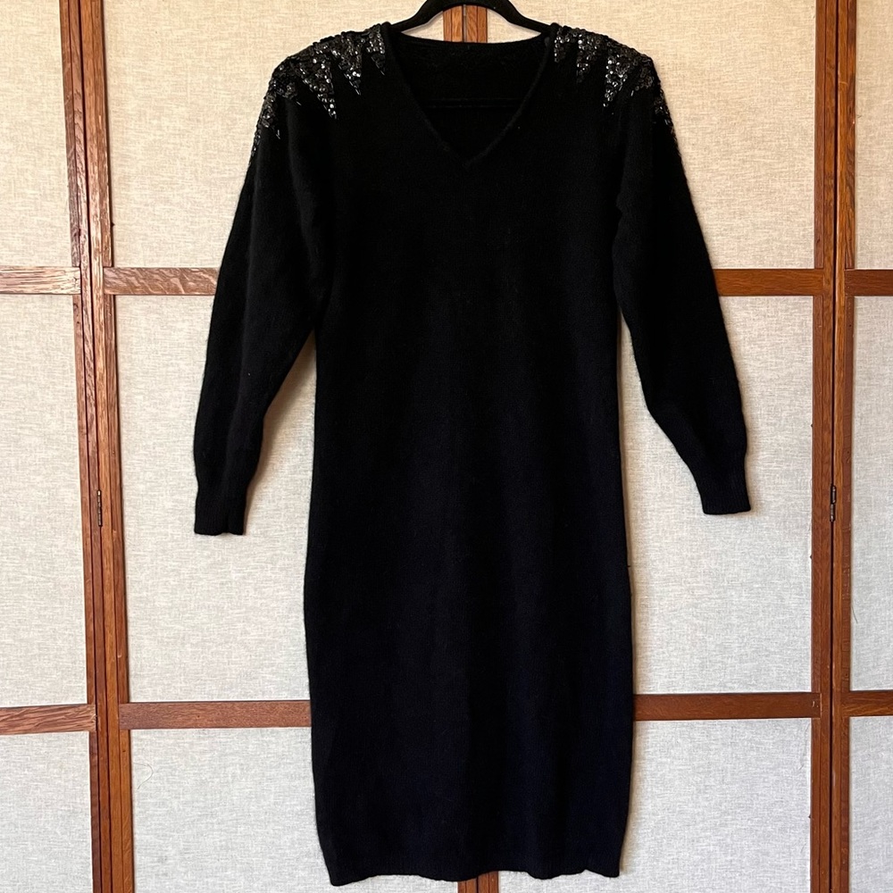 Vintage 1980s Angora Wool V-Neck Sweater Dress With Sequin Detail - Med